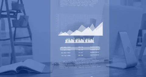 Image of financial data processing over computer in office, copy space Foto stock