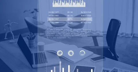 Image of financial data processing over office, copy space Foto stock