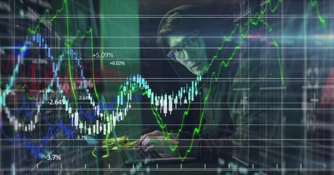 Image of financial data processing over asian man in server room 스톡 사진
