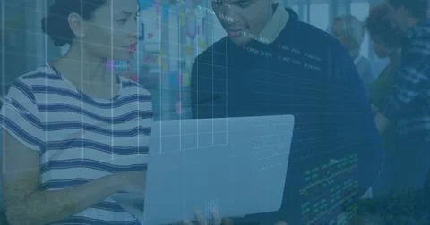 Image of financial data processing over diverse business people using computer Stock Photos