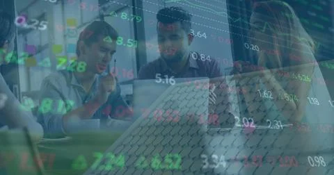 Image of financial data processing over diverse business people using computer Stock Photos