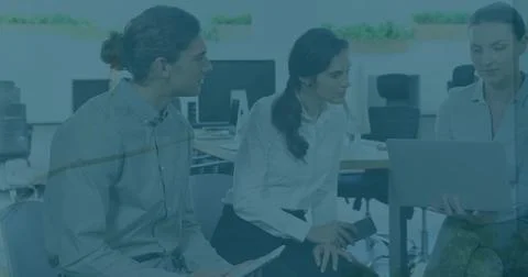 Image of financial data processing over diverse business people using computer 스톡 사진