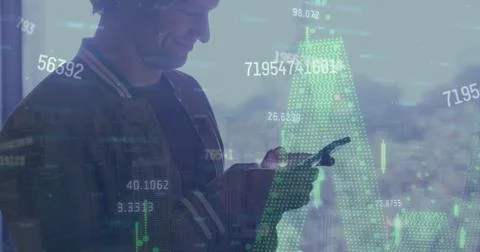 Image of financial data processing over caucasian man using smartphone near Stock Photos