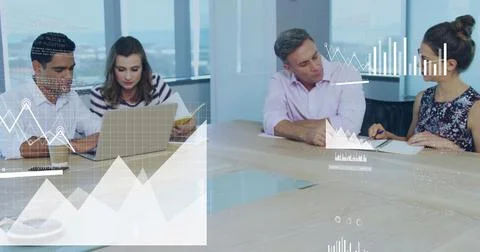 Image of financial data processing over diverse business people working in Foto stock