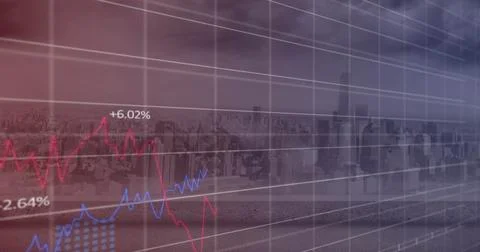 Image of financial data processing over cityscape 写真素材