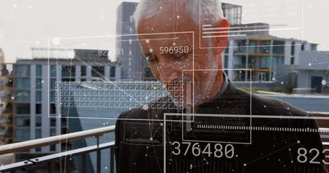 Image of financial data processing over caucasian man using smartphone Stock Photos