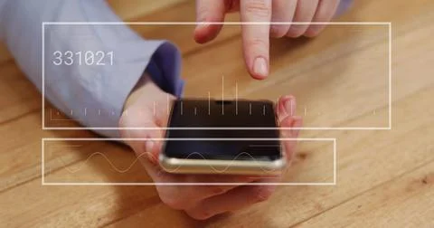 Image of financial data processing over caucasian man using smartphone Stock Photos