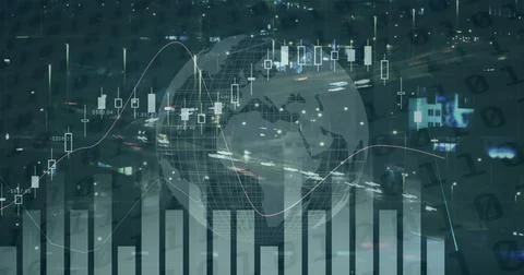 Image of financial data processing over cityscape Foto stock