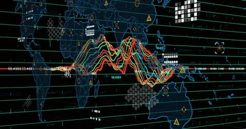 Image of financial data processing over world map on black background 스톡 사진