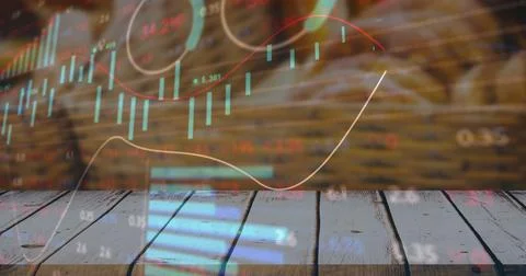 Image of financial data processing over basket with bakery 写真素材