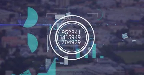 Image of financial data processing over cityscape Foto stock