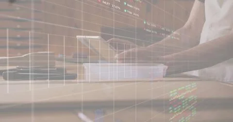 Image of financial data processing over african american man using tablet Foto stock