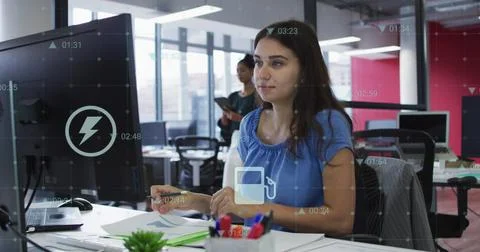 Image of financial data processing over caucasian businesswoman using computer 스톡 사진