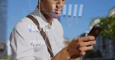 Image of financial data processing over biracial man using smartphone Foto stock