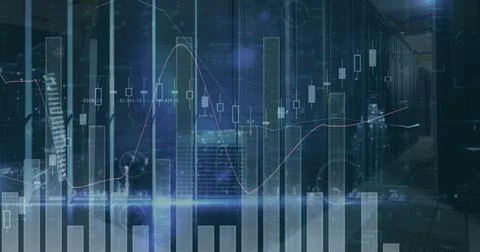 Image of financial data processing over cityscape 스톡 사진