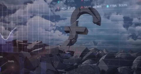 Image of financial data processing over crushing british pound sign Stockfoto's