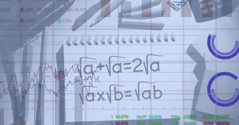 Image of financial data processing over mathematical formulae Stock Photos