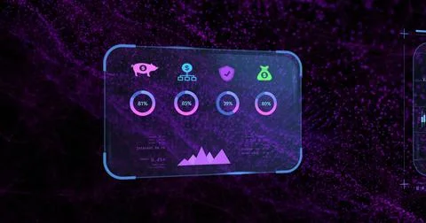 Image of financial data processing over purple spots on black background Foto stock