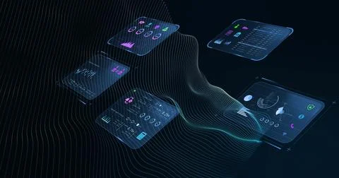 Image of financial data processing over shapes on black background Stock Photos