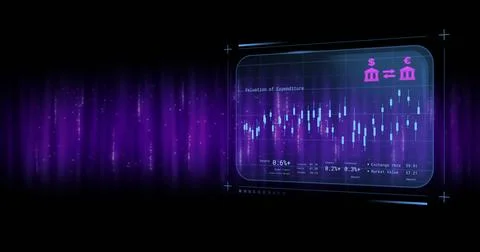 Image of financial data processing over light trails on black background 写真素材
