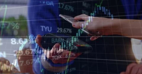 Image of financial data processing over caucasian man using smartphone Stock Photos