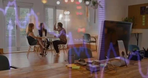 Image of financial data processing over diverse business people Foto stock