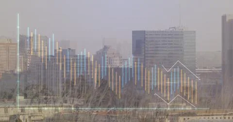 Image of financial data processing over cityscape Foto stock