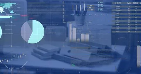 Image of financial data processing over desk in modern office 写真素材