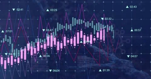 Image of financial data processing over dna structure and covid-19 cell icons on Stock Photos