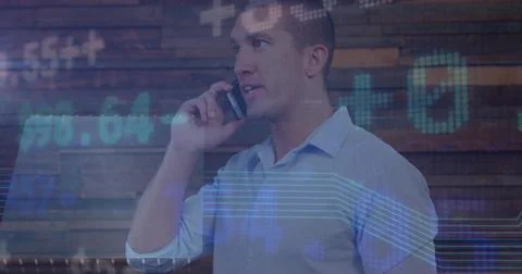 Image of financial data processing over man using smartphone Stock Photos