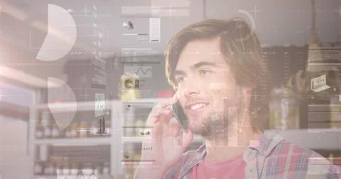 Image of financial data processing over man using smartphone Stock Photos