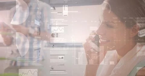 Image of financial data processing over woman using smartphone Stockfoto's