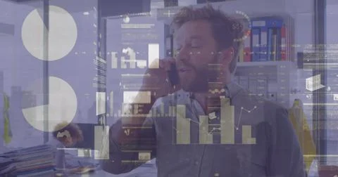 Image of financial data processing over man using smartphone Stock Photos