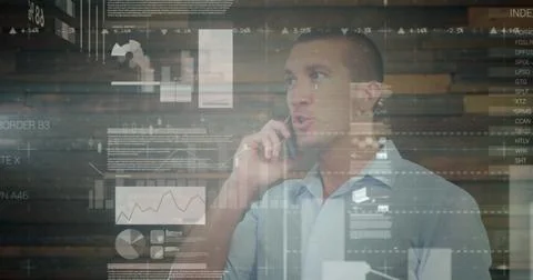 Image of financial data processing over man using smartphone Foto stock