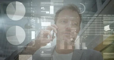 Image of financial data processing over man using smartphone 스톡 사진