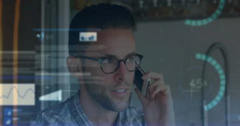 Image of financial data processing over man using smartphone 库存照片