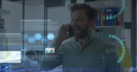 Image of financial data processing over man using smartphone Foto stock