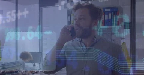 Image of financial data processing over man using smartphone Foto stock