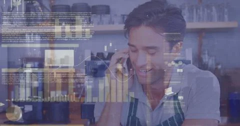 Image of financial data processing over man using smartphone Stock Photos