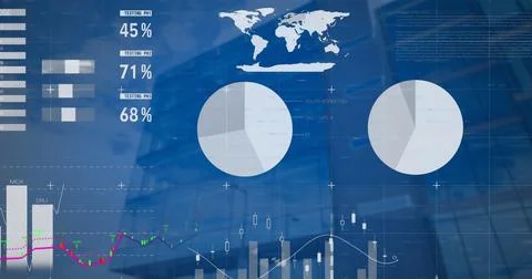 Image of financial data processing over modern office building Foto stock