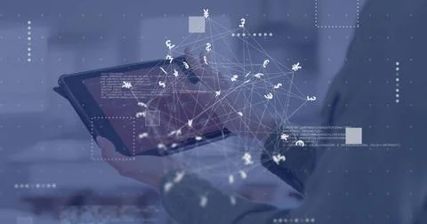 Image of financial data processing over caucasian businesswoman using tablet Foto stock