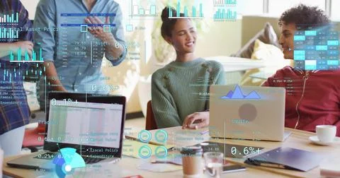 Image of financial data processing over diverse business people in office Foto stock