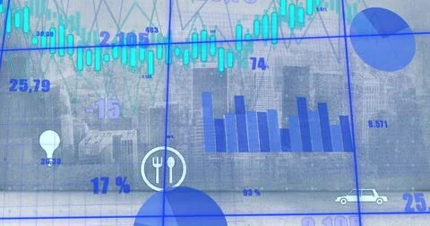 Image of financial data processing over cityscape Foto stock