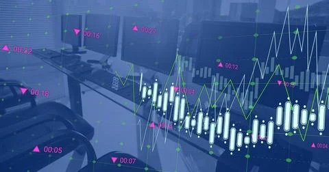 Image of financial data processing over computers in empty office Stock Photos