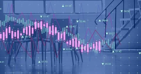 Image of financial data processing over chairs in empty office Stock Photos