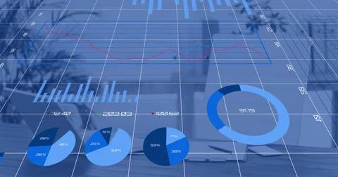 Image of financial data processing over desk in empty office Stock Photos