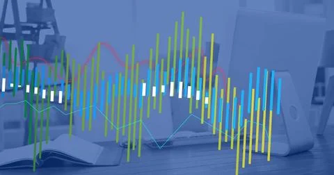Image of financial data processing over computer on desk in empty office Foto stock