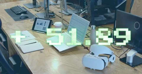 Image of financial data processing over computer on office desk 스톡 사진