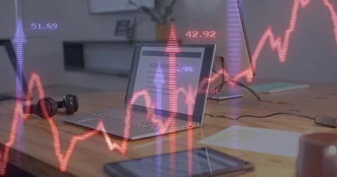 Image of financial data processing over computer on office desk 스톡 사진
