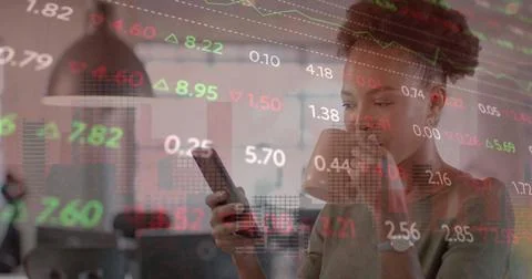 Image of financial data processing over african american businesswoman in office Stock Photos